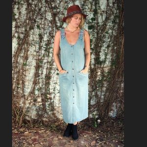 Denim maxi dress with lavender buckles